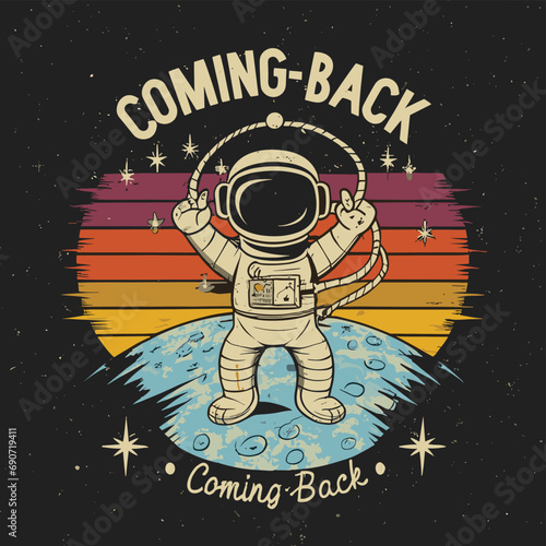 2d t shirt vector illustration astronaut  rocket space fire smoke color moon space color 
