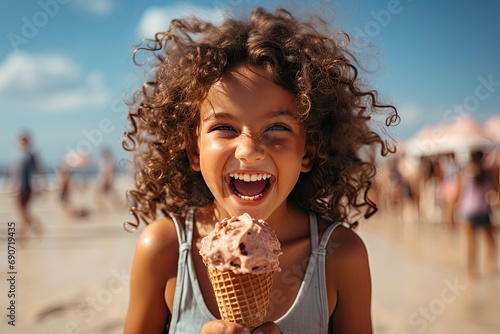 Happy little girl eating ice cream on a summer beach. Vacation concept. photo