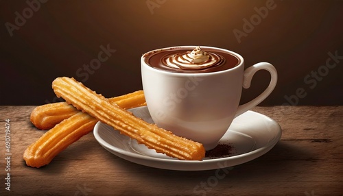 photograph of a cup of hot chocolate with churros