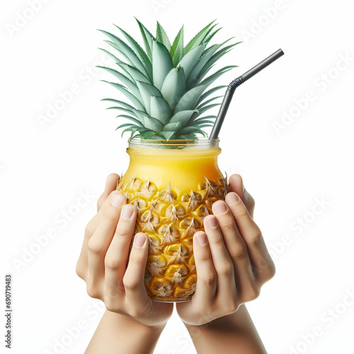 Hand holding a pineapple juice with straw isolated on white background 