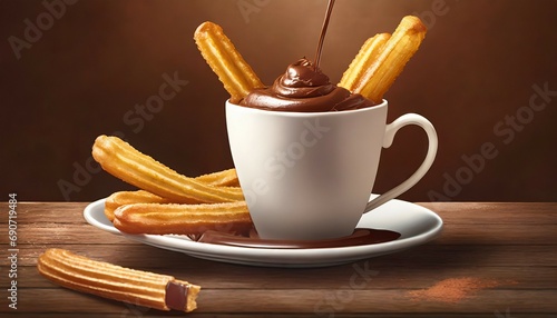 photograph of a cup of hot chocolate with churros
