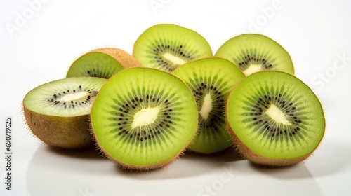 Savor the freshness with sliced kiwi on a pristine white background. Ideal for promoting healthy food and the exotic allure of tropical fruits.