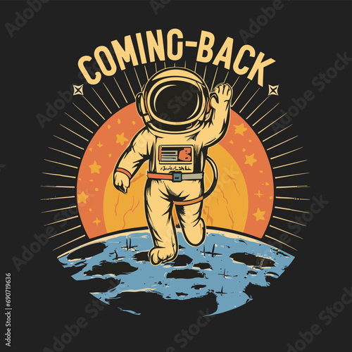 2d t shirt vector illustration astronaut  rocket space fire smoke color moon space color 
