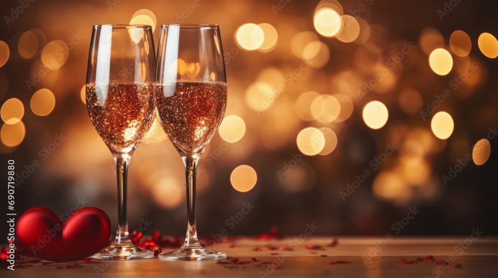Two flute glasses with sparkling champagne and small red hearts against the festive background with bokeh effect. Concept of Valentine's Day, 14th February, love, romance date. Mockup, copy space. Two flute glasses with sparkling champagne and small red hearts against the festive background with bokeh effect. Concept of Valentine's Day, 14th February, love, romance date. Mockup, copy space.