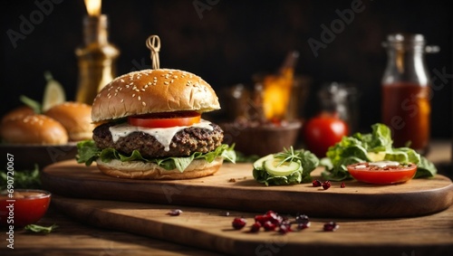 Delicious Hamburger on a Rustic Wooden Cutting Board