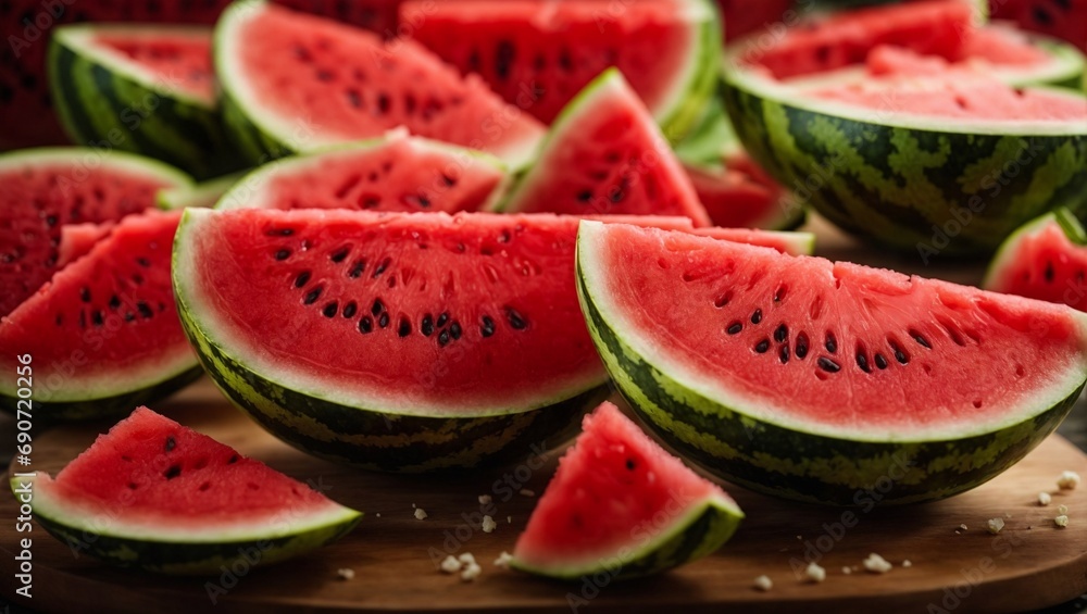 Slices of Fresh Watermelon on a Wooden Cutting Board Slices of Fresh Watermelon on a Wooden Cutting Board