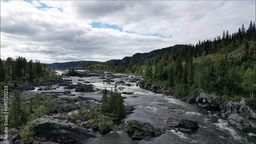 wonderful rapids Litsjöforsen in Sweden filmed with drone in summer