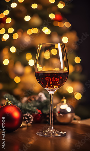 Two glasses of champagne on the background of a Christmas tree with copyspace. Close-up shot on a blurred background.