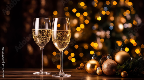 Two glasses of champagne on the background of a Christmas tree with copyspace. Close-up shot on a blurred background.