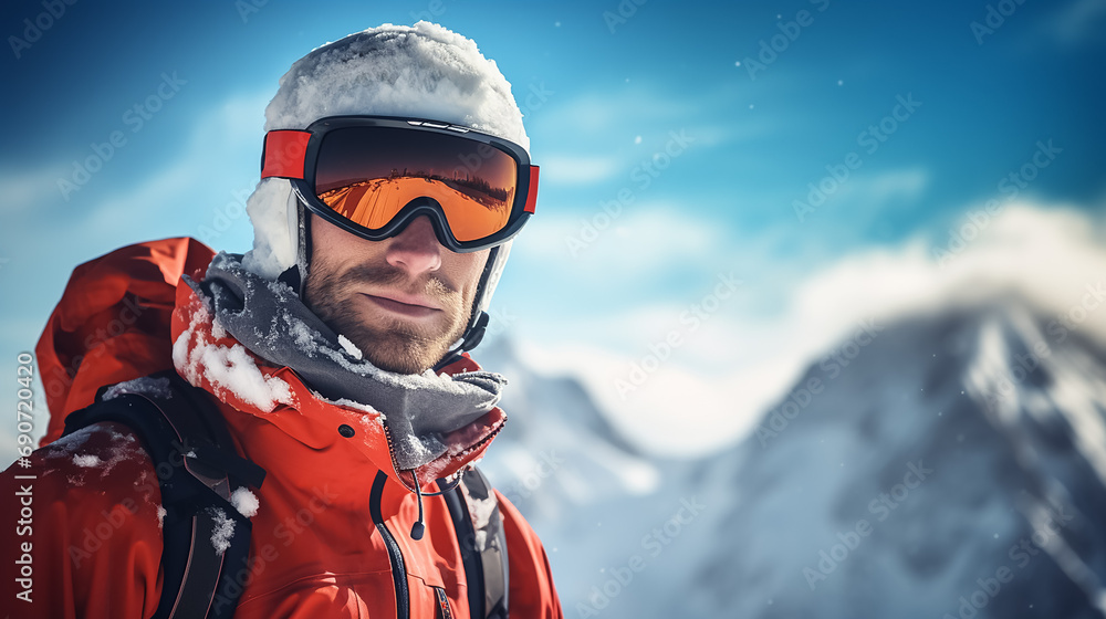 Professional skier man against the backdrop of a mountain winter snowy landscape. Close-up shot. Professional skier man against the backdrop of a mountain winter snowy landscape. Close-up shot.