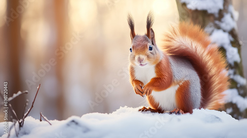 Cute fluffy squirrel sits on a branch in a snowy winter forest. © Victoria