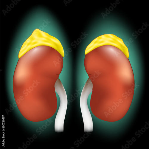Adrenal glands. Realistic kidneys and suprarenal glands