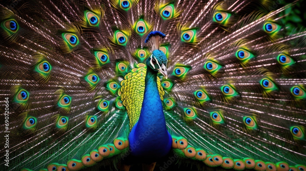Fototapeta premium elegance of a male peacock's colorful feathered tail. An iridescent display of nature's beauty.