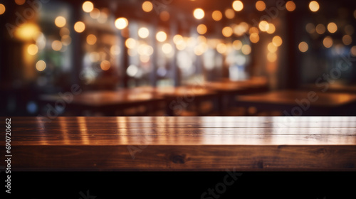 Warm Wooden Table in Cozy Cafe Interior: Vintage Rustic Decor with Blur of Coffee Shop Background - Perfect Space for Leisure, Relaxation, and Enjoying Espresso Moments. © Sunanta