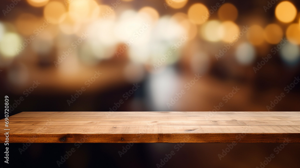 Warm Wooden Table in Cozy Cafe Interior: Vintage Rustic Decor with Blur of Coffee Shop Background - Perfect Space for Leisure, Relaxation, and Enjoying Espresso Moments.