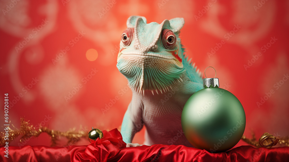 Christmas green bauble and chameleon on a red background