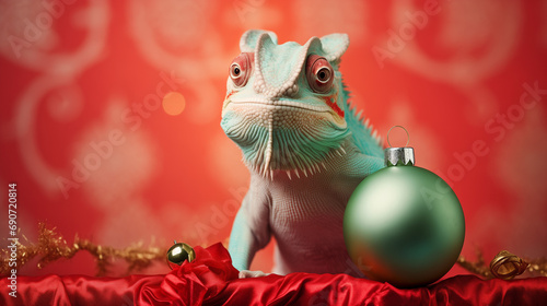 Christmas green bauble and chameleon on a red background © Sunny 5