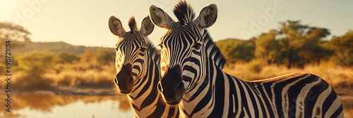 Closeup portrait of two zebras in blurred african landscape looking at the camera. Ideal as web banner or in social media.