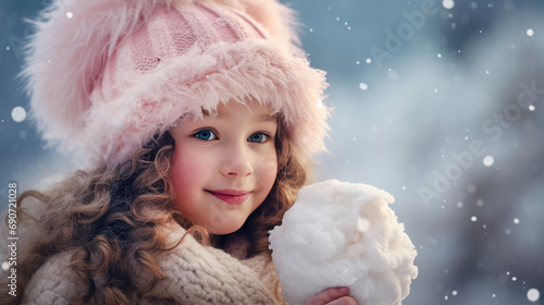 Cute little girl wearing red Santa hat and smiling. Christmas and New Year concept. Copy space.