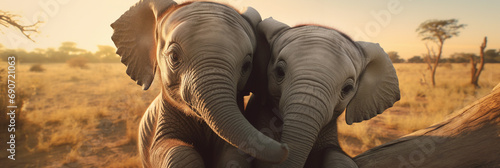 Closeup portrait of two adorable elephant cubs in african landscape looking at the camera. Ideal as web banner or in social media. photo