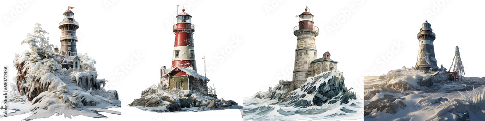 Snow covered lighthouse Hyperrealistic Highly Detailed Isolated On Transparent Background Png File