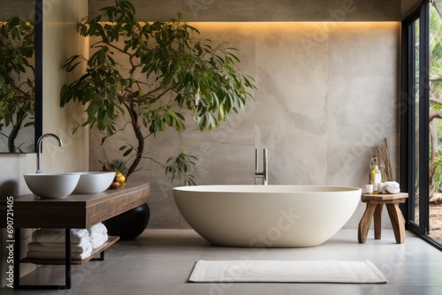 Luxurious Modern Bathroom with a Tub and Tree Generative AI