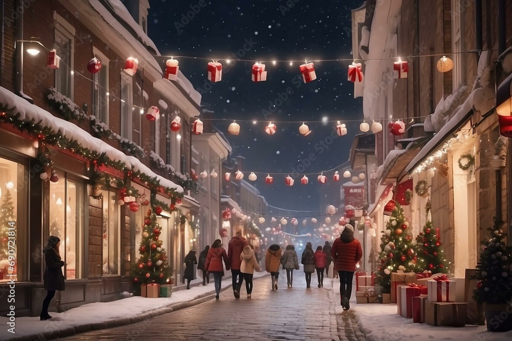 street decorated for Christmas, people with presents in their hands, it's night and snowing, Generative Ai