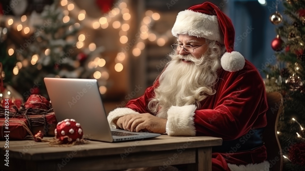 Happy old Santa Claus using laptop computer at home late on Christmas eve. Ecommerce website Boxing Day time holiday online shopping e commerce sale. Happy old Santa Claus using laptop computer at home late on Christmas eve. Ecommerce website Boxing Day time holiday online shopping e commerce sale.