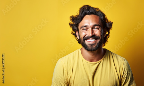 Happy Confident Man with Wavy Hair and a Bright Yellow Shirt Smiling Against a Warm Yellow Background  Exuding Charm and Positivity