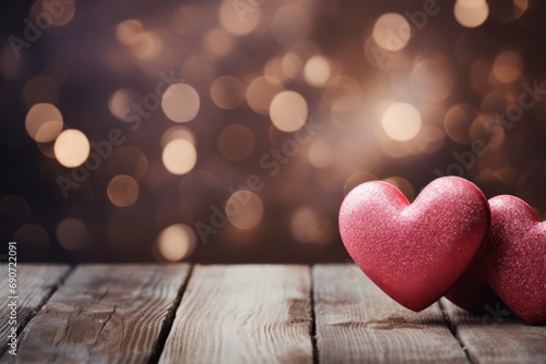 Two red hearts on wooden table against the blurred background with bokeh effect. Mockup for wallpapers, backgrounds, postcards on Valentine's day, Birthday or wedding party. Copy space for text.