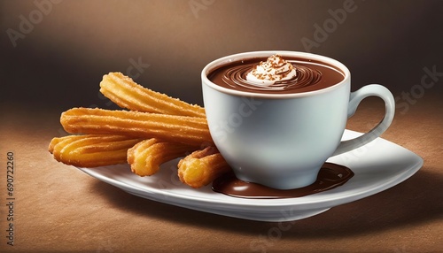 photograph of a cup of hot chocolate with churros