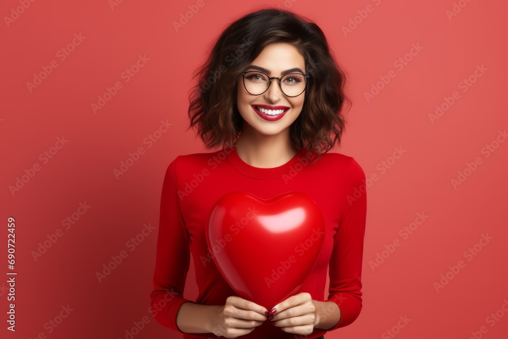 Studio portrait of beautiful young woman holding red heart-shaped balloon. Cheerful Caucasian girl smiling happily. Valentine's Day, love letter, romance date concept. Red background with copy space. Studio portrait of beautiful young woman holding red heart-shaped balloon. Cheerful Caucasian girl smiling happily. Valentine's Day, love letter, romance date concept. Red background with copy space.