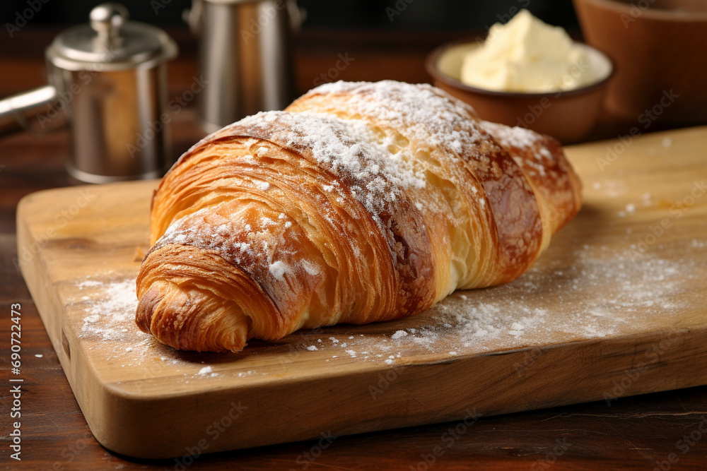 The croissant bread on the wooden plate on the table looked most appetizing.