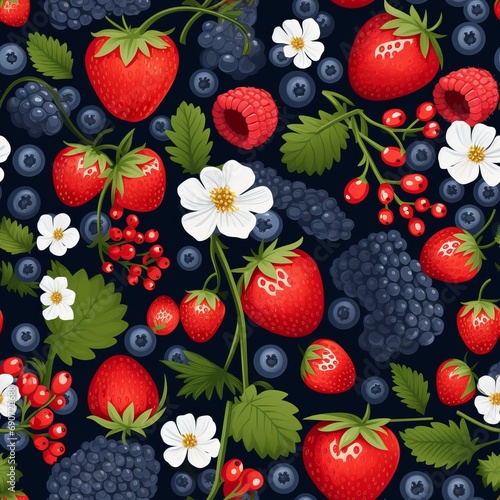 Seamless background with bright berry raspberry blueberry strawberry, seamless pattern