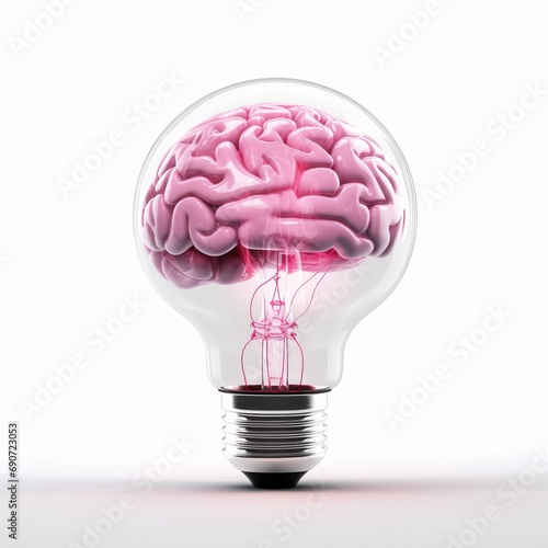 A lightbulb with a glowing brain inside. Conceptual visualization of innovative thinking, the power of intelligence, and idea creation. Birth of a thought. Illustration for varied. Idea concept.