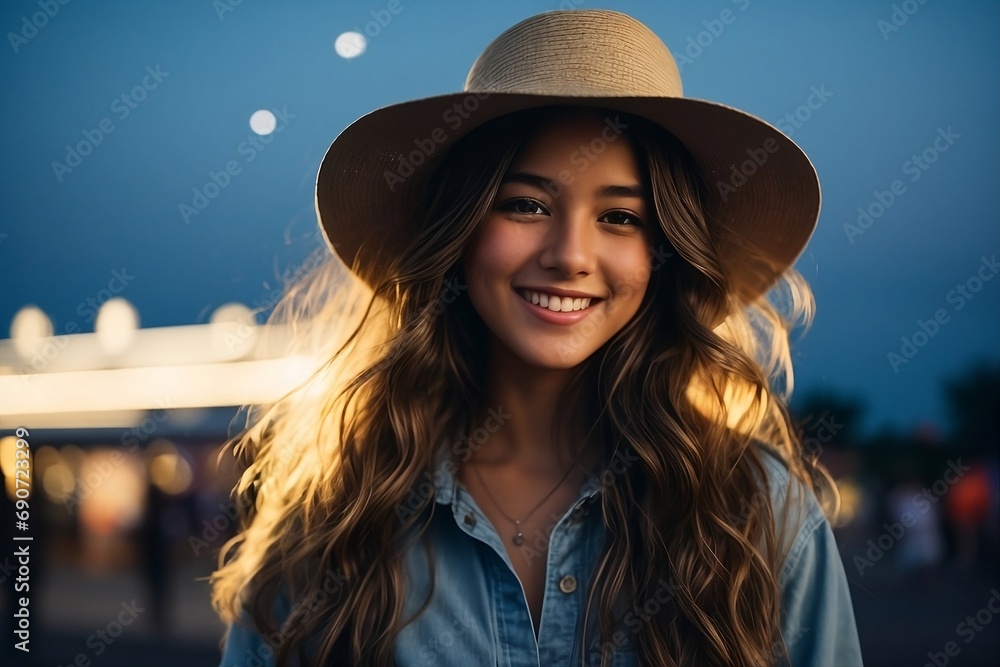 Against a backdrop of a stunning blue hour sky, a teenage girl with a wide-brimmed hat and flowing hair strikes a pose. Against a backdrop of a stunning blue hour sky, a teenage girl with a wide-brimmed hat and flowing hair strikes a pose.