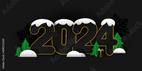 2024 with snow, stars and spruce on a black background. Greeting illustration in digital craft style.	