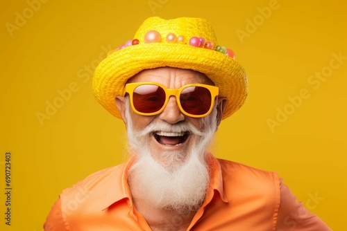 Photo of good mood carefree elderly guy wear new year swimsuit hat sunglass having disco fun empty space isolated yellow color © Ahtesham