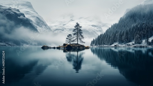 Tranquil Mountain Lake Next to a Lush Forest Scenery © Emil