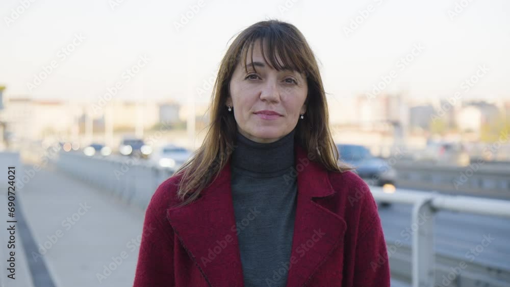 An attractive middle-aged Caucasian woman points at the camera and nods with a smile - busy road in the blurry background An attractive middle-aged Caucasian woman points at the camera and nods with a smile - busy road in the blurry background