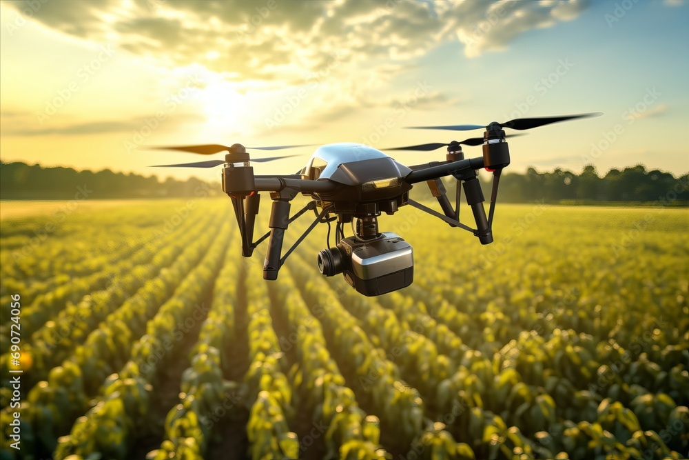 Fototapeta premium Drone releasing insecticides over agricultural fields, Expansive farmland with a focus on drone technology in action, Highlight the precision and efficiency of aerial insecticide application