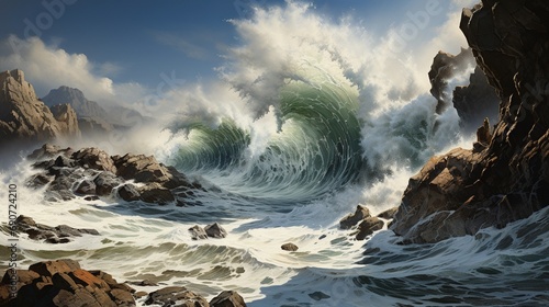 A dynamic ocean scene, featuring waves crashing against rugged cliffs, as sea spray fills the air, capturing the raw power and beauty of the relentless coastal forces