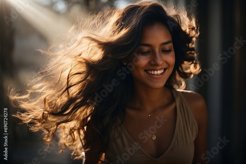 A diverse and unique depiction of a joyful brunette woman, her fingers delicately running through her luscious locks.