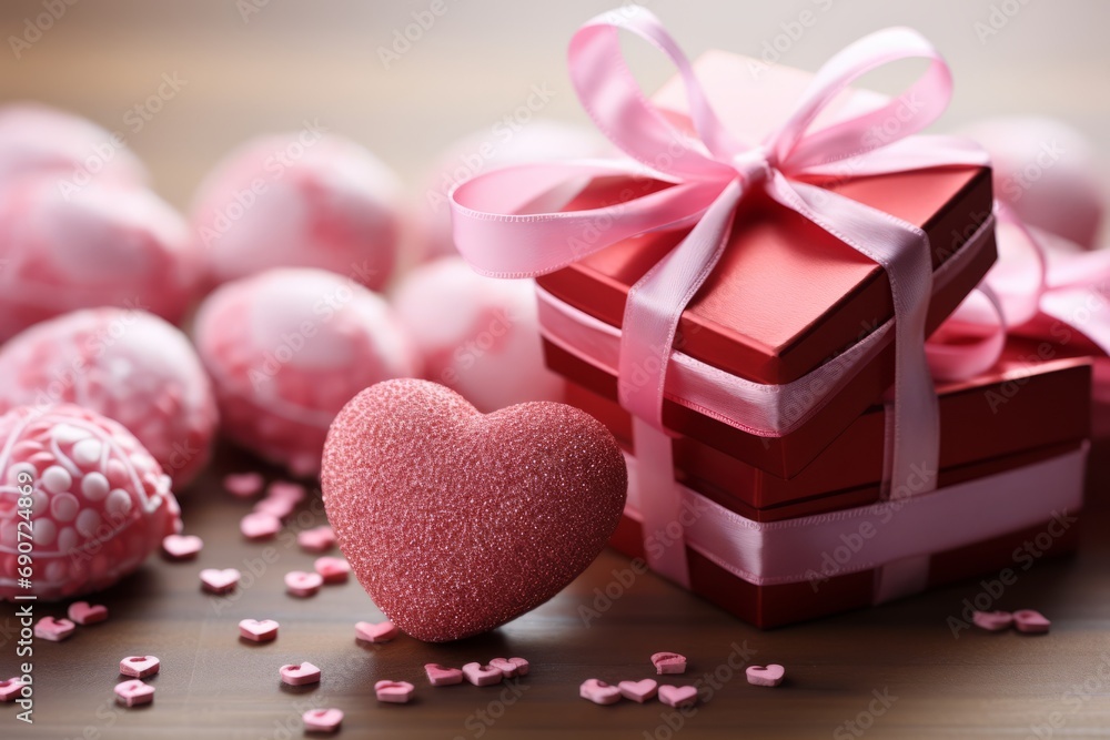 Elegant gift boxes with pink ribbon and delicious heart-shaped chocolates on wooden table. Valentine's Day 14th February celebration, love letter, romance date concept. Shallow depth of field. Elegant gift boxes with pink ribbon and delicious heart-shaped chocolates on wooden table. Valentine's Day 14th February celebration, love letter, romance date concept. Shallow depth of field.