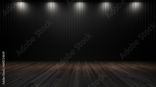 Modern Interior Design: Dark Room with Wooden Floor on Black Wall - Abstract 3D Background for Minimalist Architecture and Contemporary Home Concepts. © Sunanta