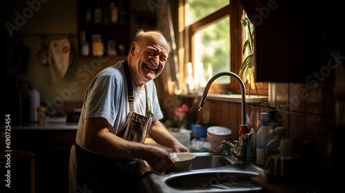 Smiling senior man in apron washing dishes in the kitchen