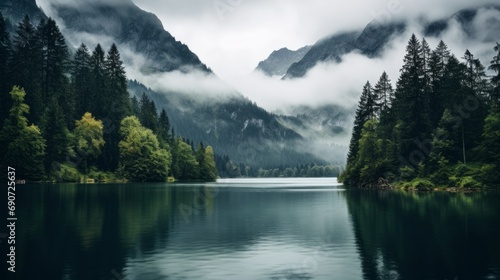 Tranquil Mountain Lake Next to a Lush Forest Scenery © Emil