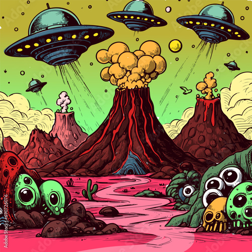 Trippy and psychedelic artwork of desert landscape from area 51. Surreal illustration of an alien and UFO invasion with cactuses, mountains and volcano.