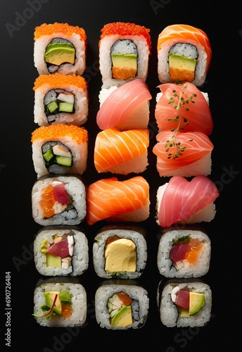 Top view of set of sushi on black background.