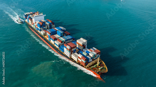 Aerial view container cargo maritime ship freight shipping by container cargo ship, Global business import export commercial trade logistic container cargo freight shipping. © Darunrat